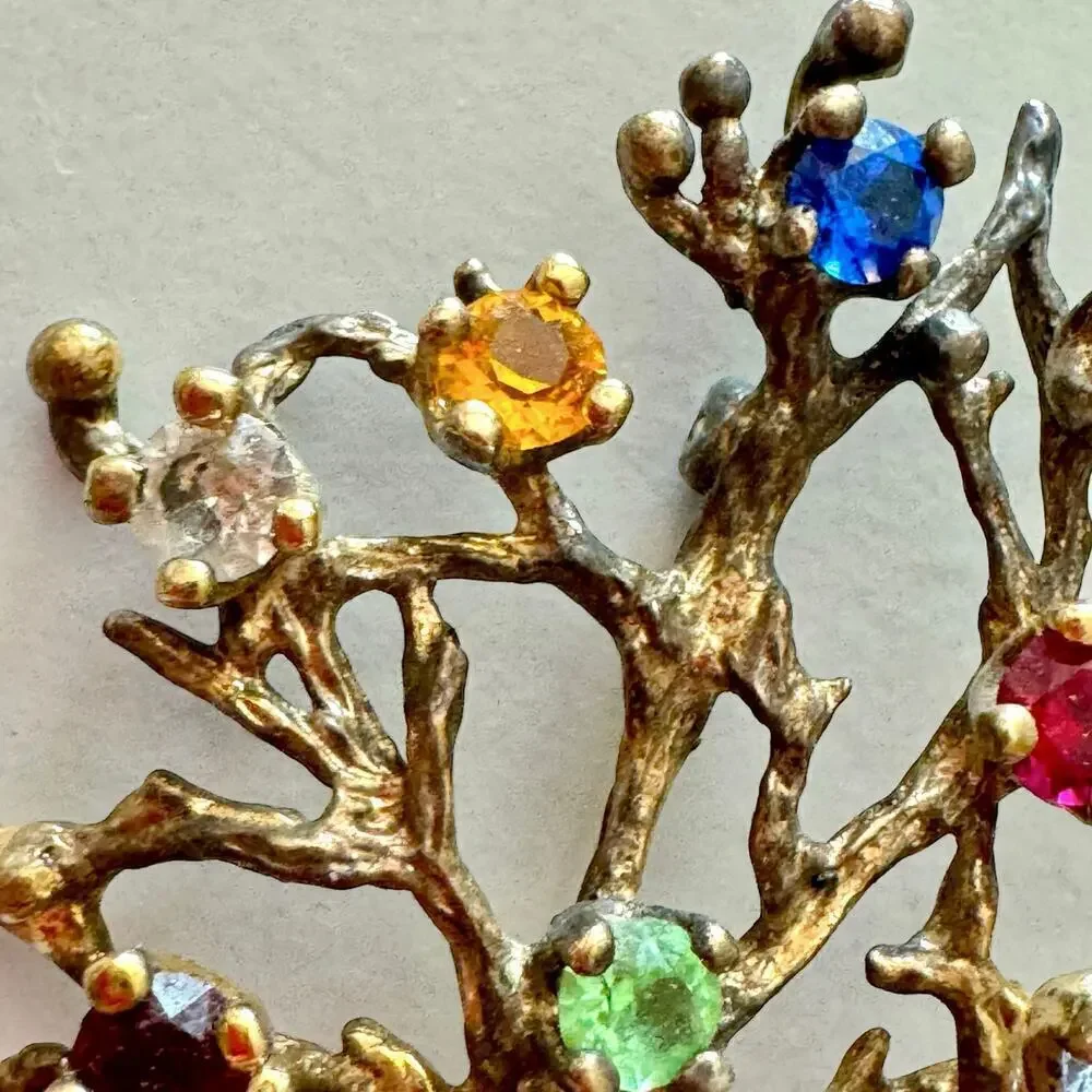 Vermeil Sterling Silver Tree of Life Fruit Salad Rhinestone Pin Brooch VNTG